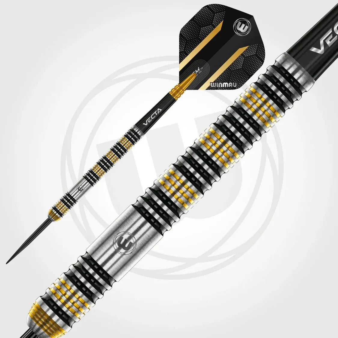 Angled macro shot of tungsten dart showing black and gold ringed grip, steel tip, detailed barrel and Vecta flight, isolated on white