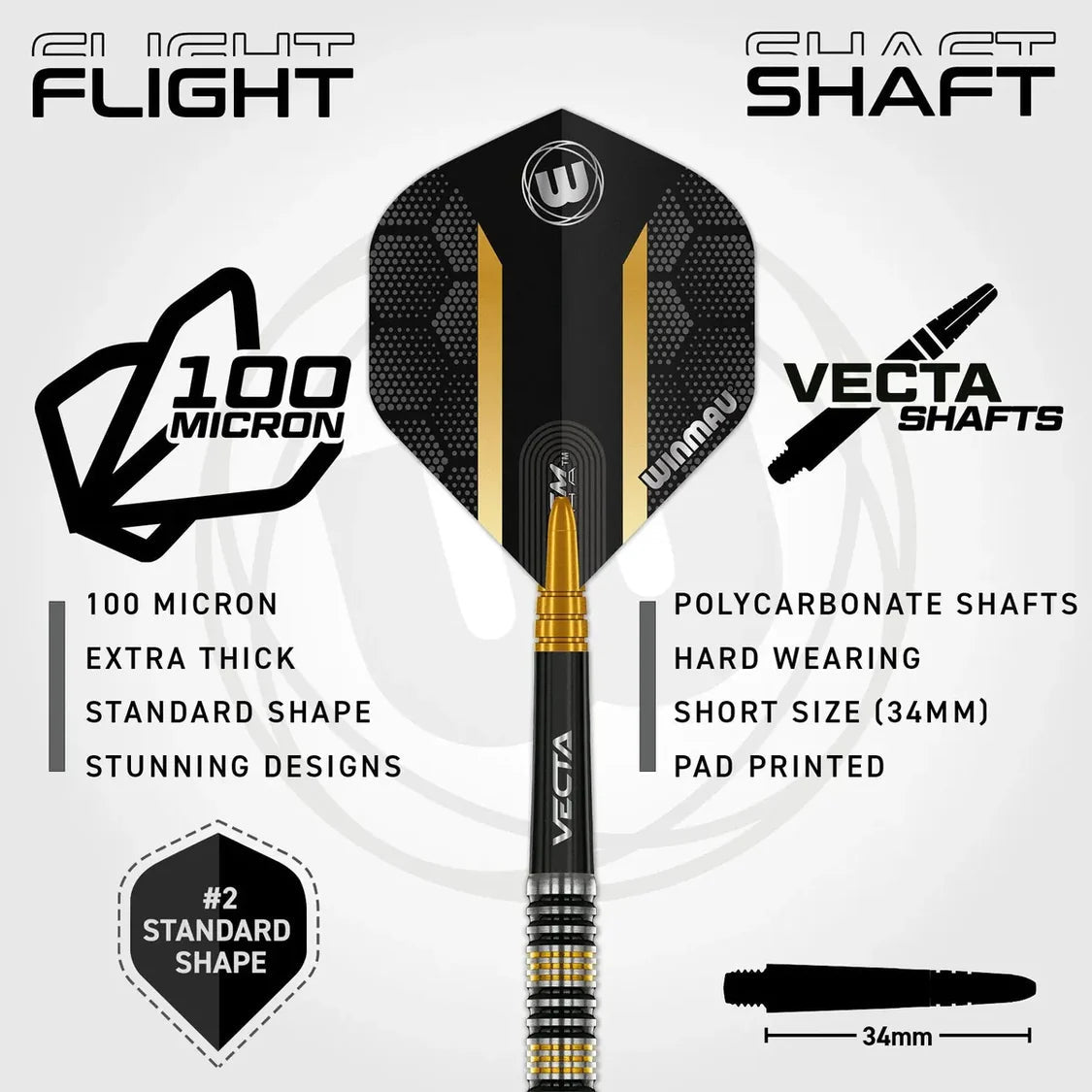 Close-up of Nicholai Bado 90% tungsten dart showing black and gold flight, polycarbonate Vecta shaft, 100 micron thickness, and 34mm shaft length