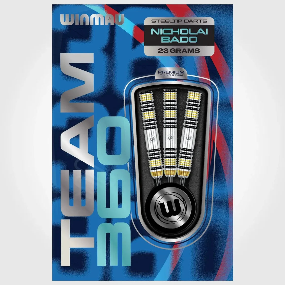 Three 90 percent tungsten steel tip darts in retail packaging with knurled grip barrels, arranged side by side for display