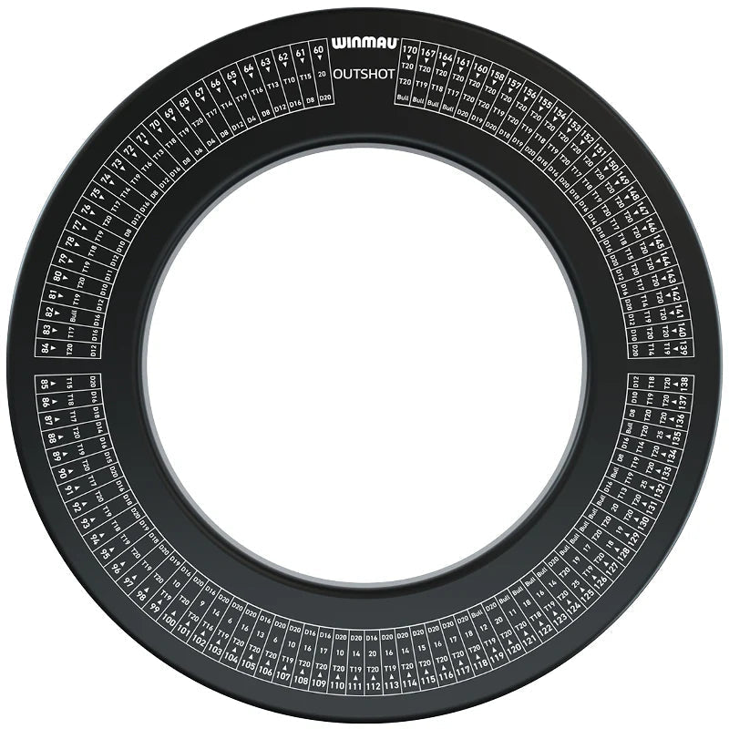 Top-down view of dartboard surround with printed outshot checkout guide, isolated on white background, essential dart equipment accessory