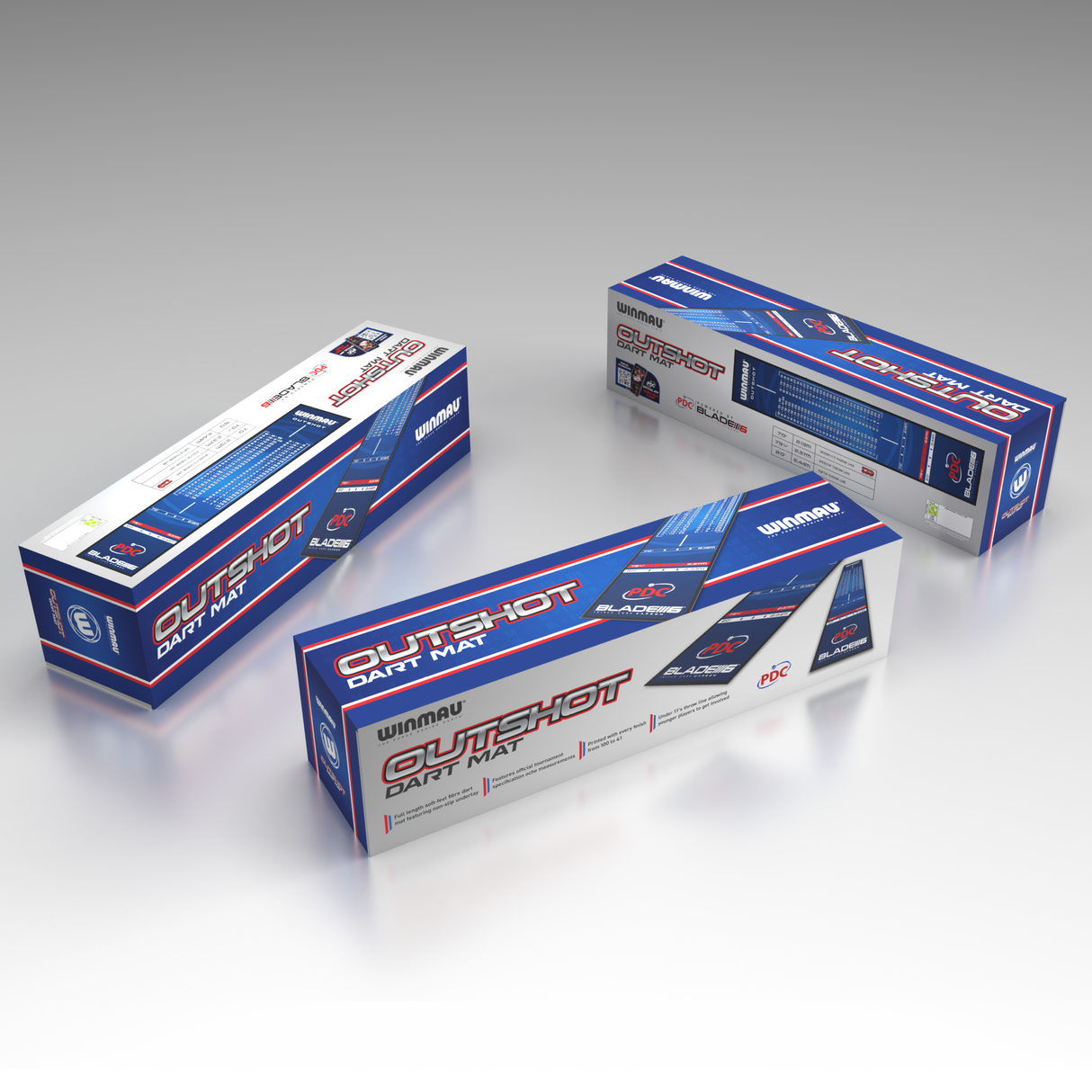 Three Outshot dart mats in retail packaging, angled view on white background, showcasing boxed presentation for darts equipment buyers