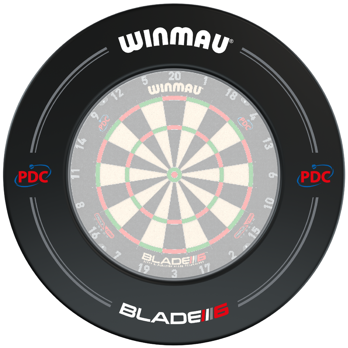 Top-down view of black dartboard surround fitted on bristle dartboard, showing size, PDC logos and Blade 6 details