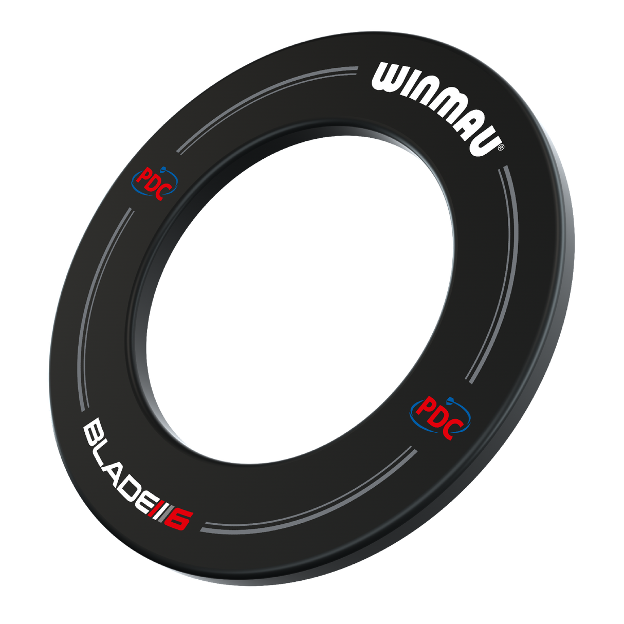 Black dartboard surround ring displayed at an angled view with PDC and Blade 6 markings, ideal for dartboard protection