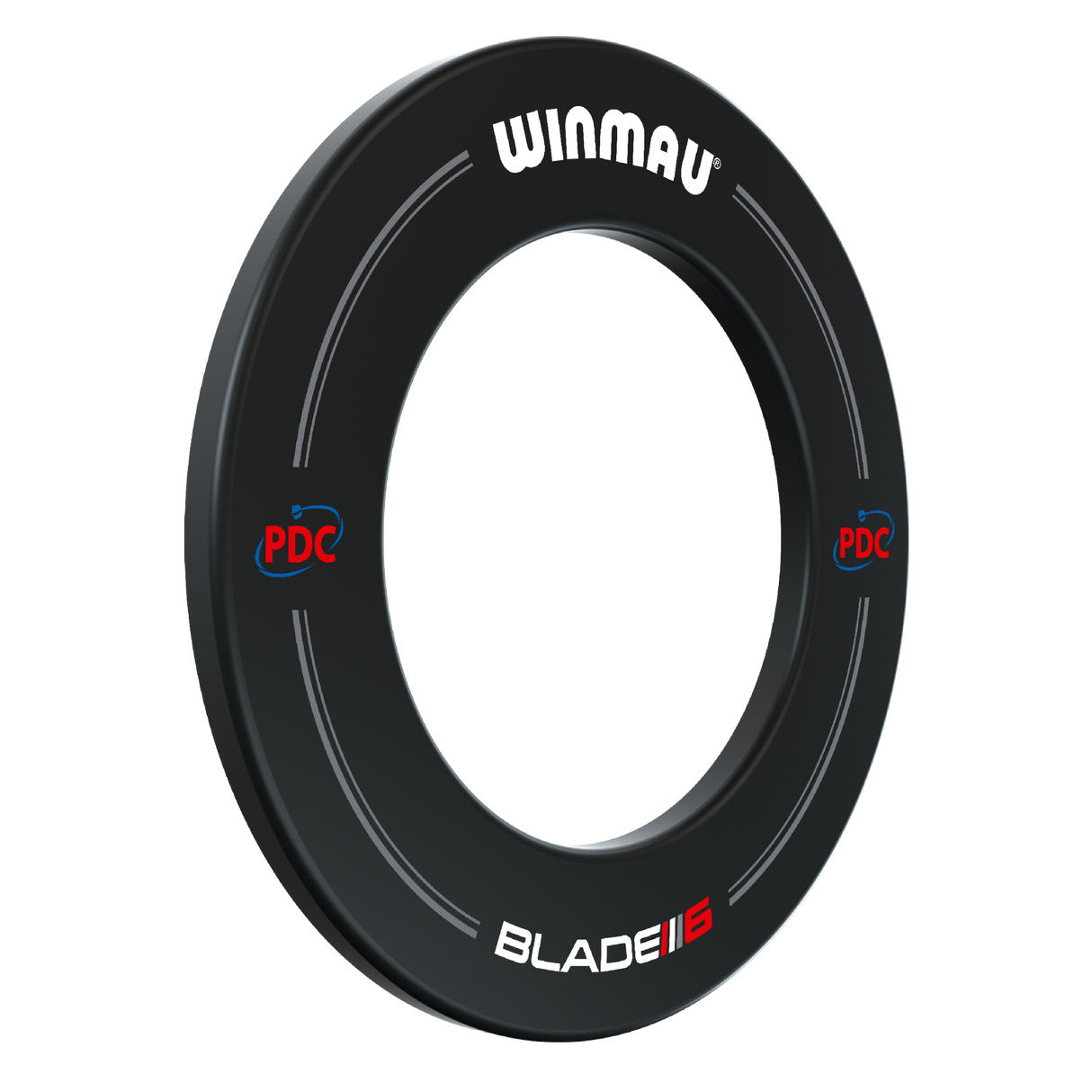 Angled full view of black dartboard surround ring with PDC and Blade 6 logos, isolated on white, protective accessory for dartboards