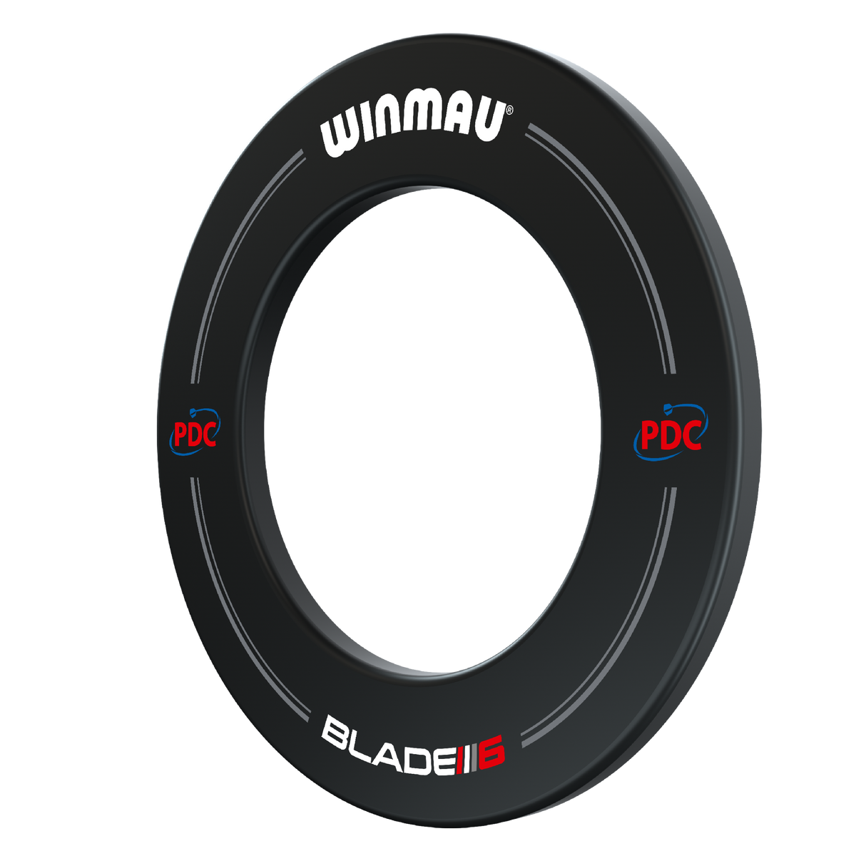 Black dartboard surround angled view showing Blade 6 and PDC logos, smooth protective ring for dartboards, isolated on white