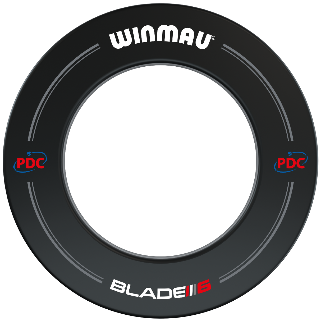 Black dartboard surround full view, isolated on white, with PDC and Blade 6 text, suitable for bristle dartboards