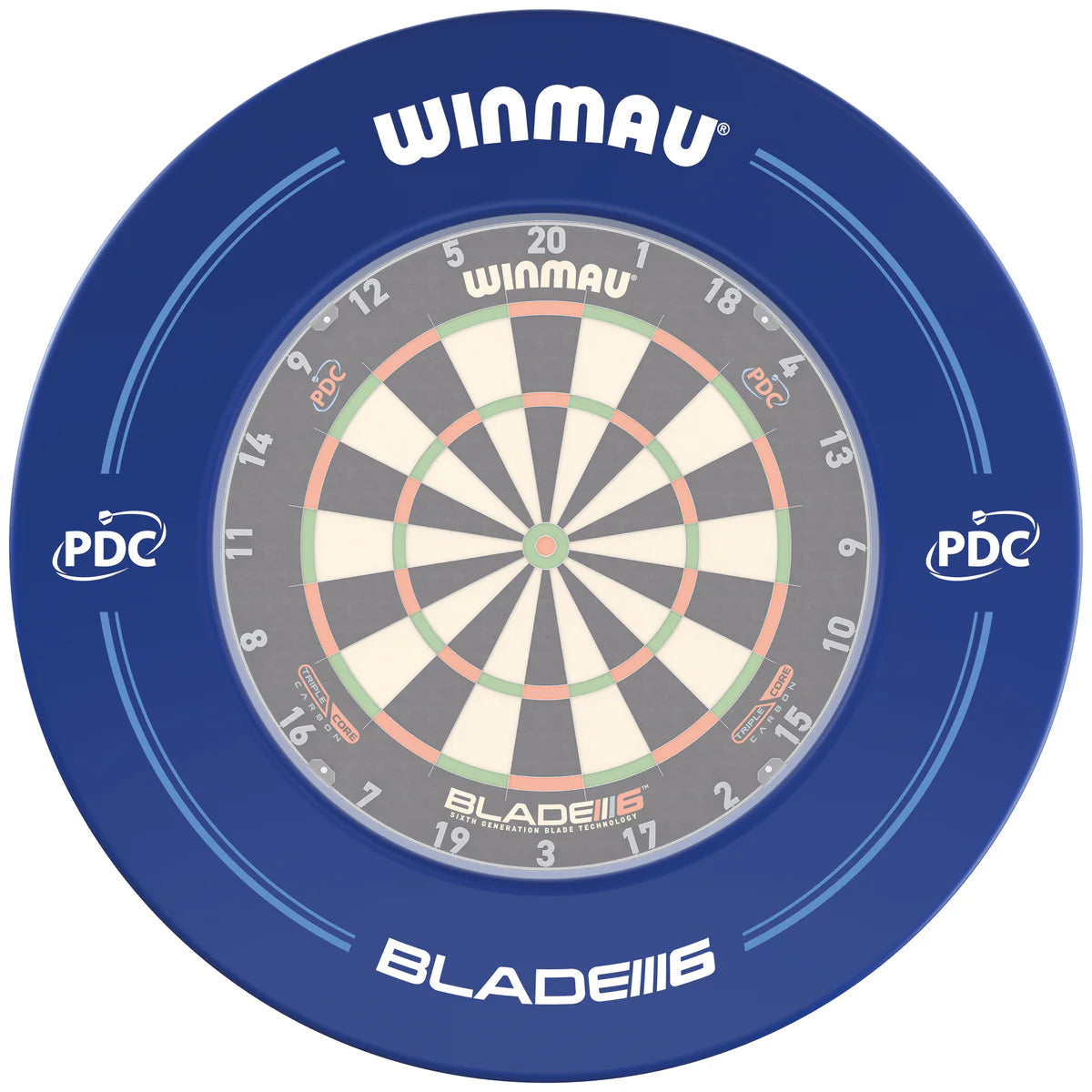 Top-down view of dartboard with blue surround ring, PDC logos, and Blade 6 markings, full product isolated on white for darts setup