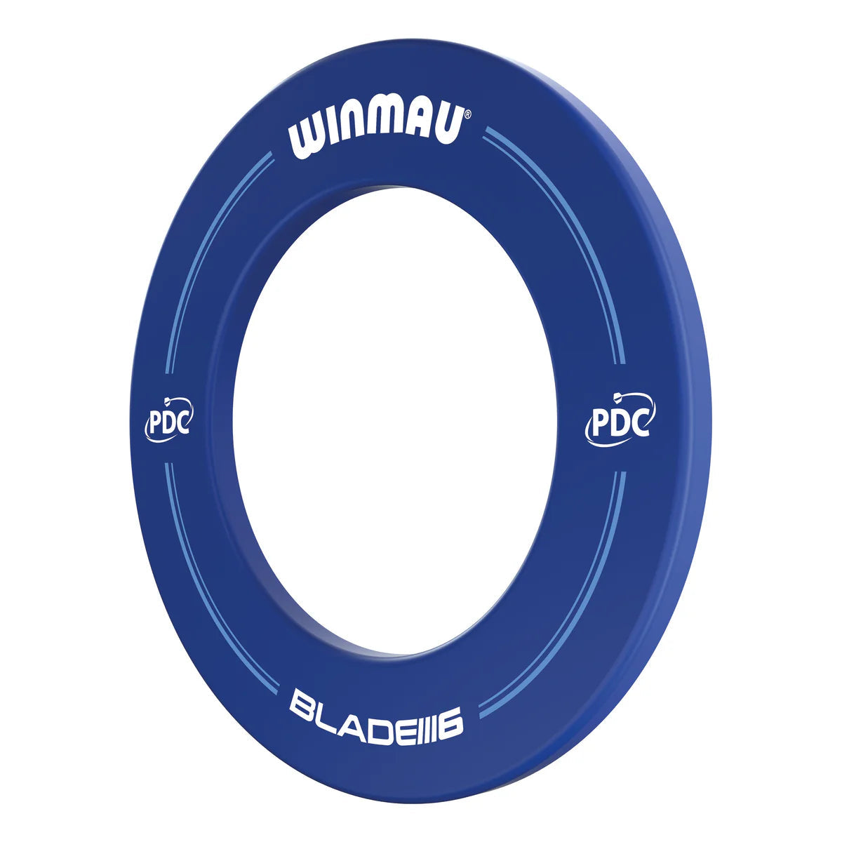 Angled view blue PDC dartboard surround with Blade 6 branding, isolated on white background, shows thickness and printed design