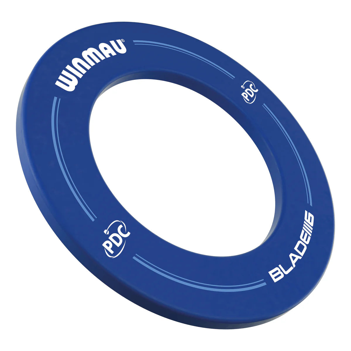 Blue dartboard surround ring angled view, isolated on white, showing smooth edge and bold PDC Blade 6 logos for dartboard protection