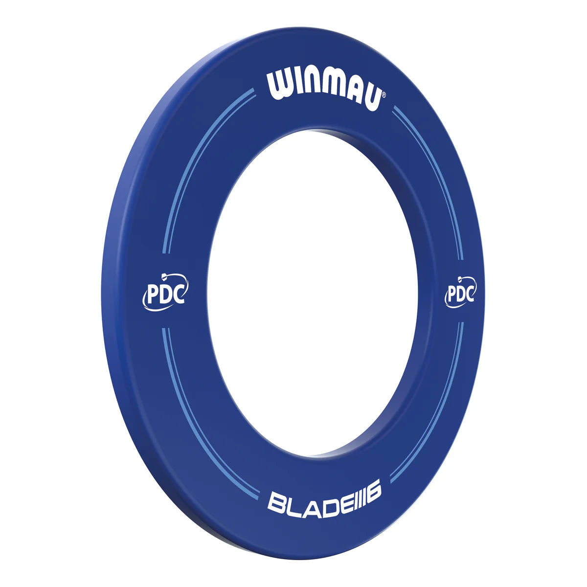 Angled view of blue PDC Blade 6 dartboard surround, full product display with white background and clear protective ring details