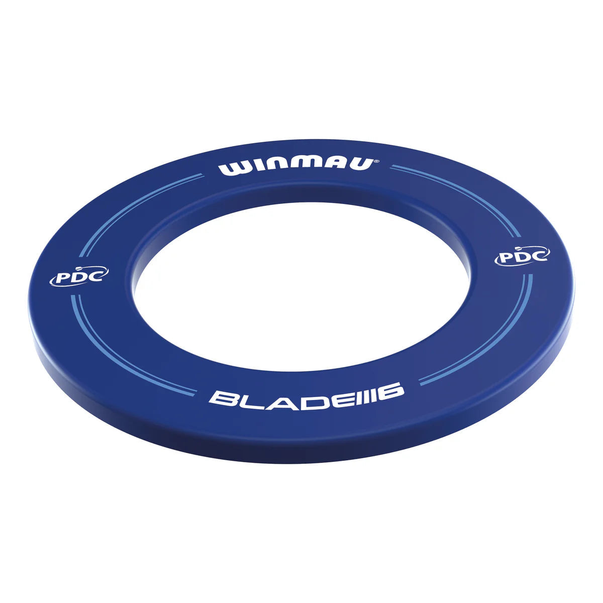 Blue PDC Blade 6 dartboard surround angled view, single piece, isolated on white background, protective ring for dartboards