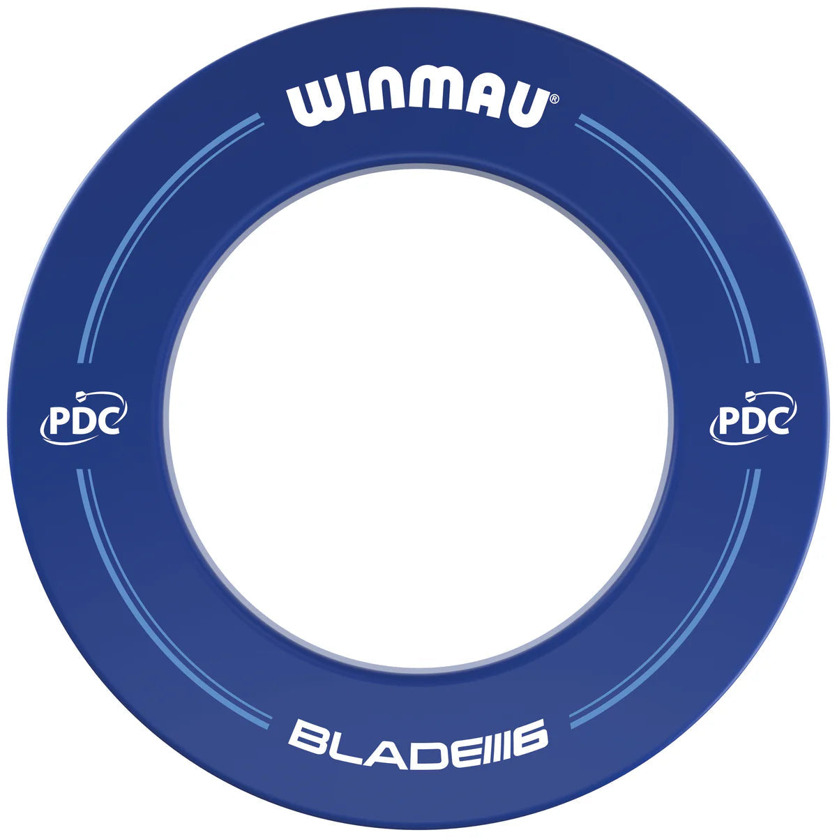 Blue dartboard surround ring full view, isolated on white background, showing PDC and Blade 6 markings, ideal for dart cabinet protection