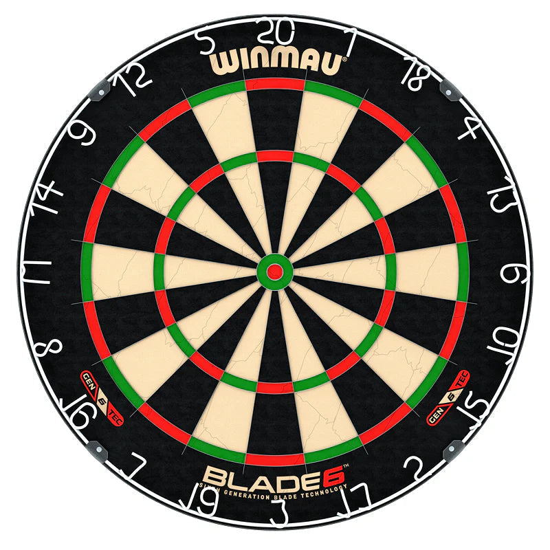 Professional dartboard full view on white background showing thin wiring, clear numbers, and segmented scoring zones