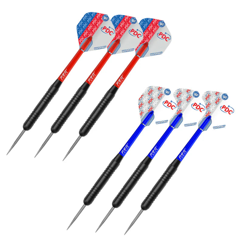 Six steel-tip darts with red and blue shafts, black grips, and PDC flights arranged on a white background