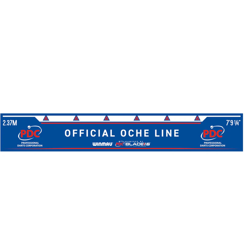 Full-length official PDC oche line throwline for darts, blue strip with distance markings, isolated on white background
