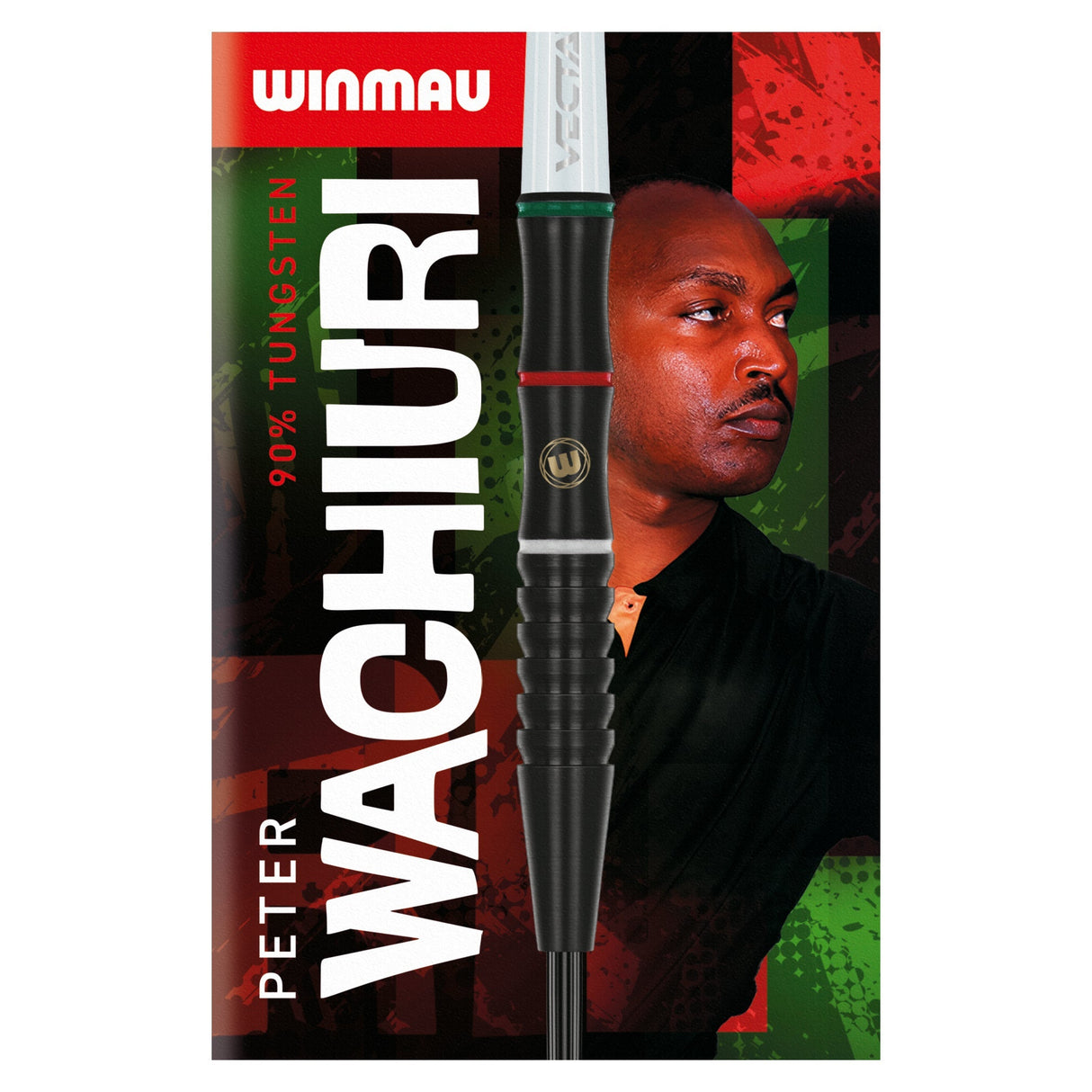 Full packaging view of Peter Wachiuri 90% tungsten darts with dart barrel and grip details shown on colorful box