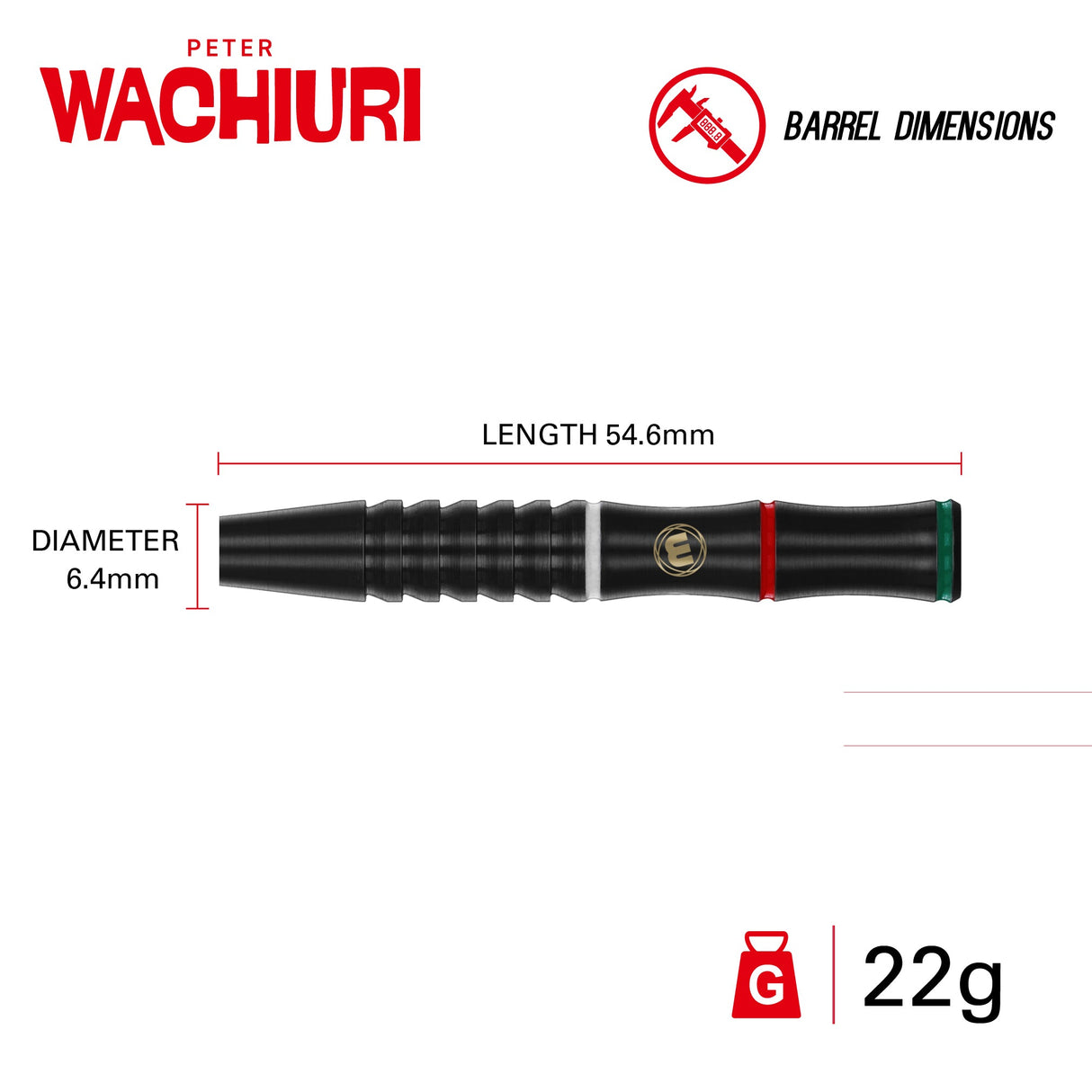 Black tungsten dart barrel with grip rings, red and green bands, 54.6mm length, 6.4mm diameter, 22g weight, scale diagram