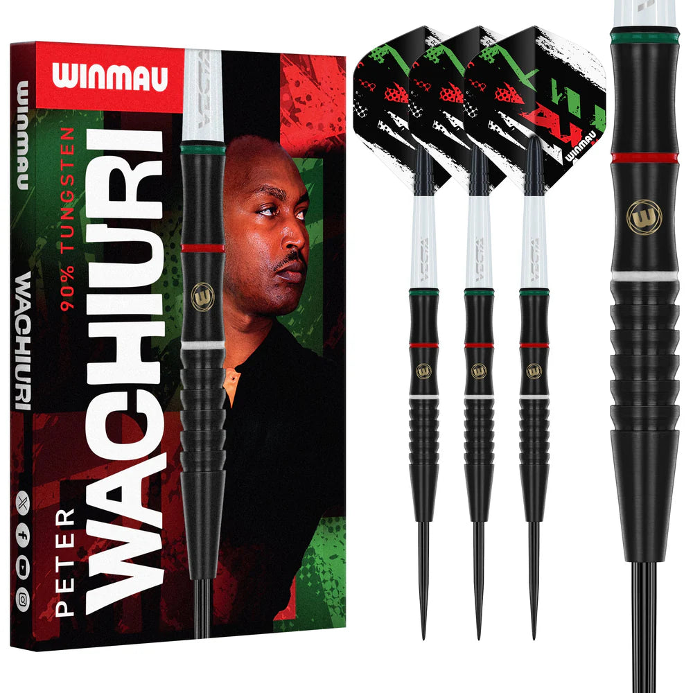 Three 90% tungsten darts with black grooved grip, colored rings, urban flights, and retail box, isolated on white background