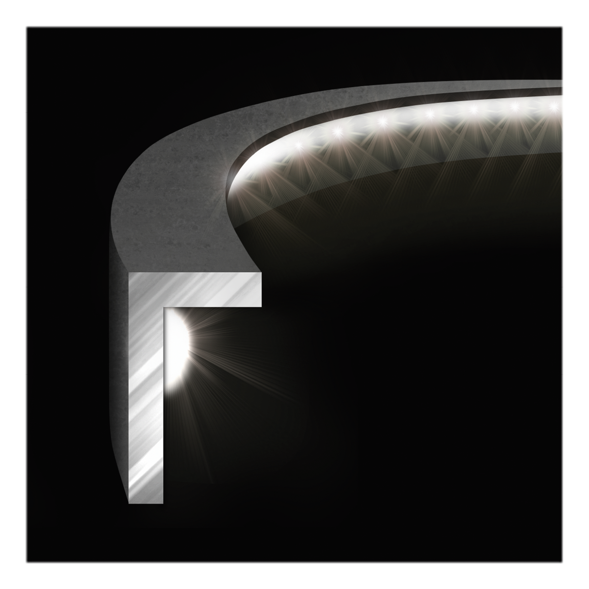 Cross-section close-up of plasma 360 dartboard light showing LED strip placement and ring structure for bright, even darts illumination