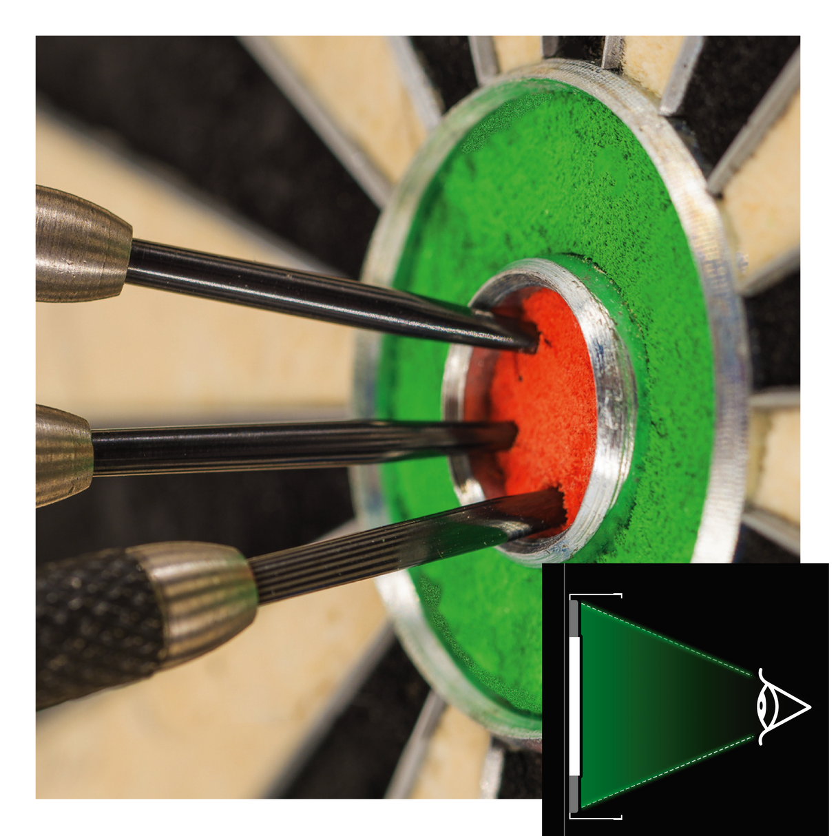 Macro close-up of darts in bullseye showing sharp tip detail and board texture, with lighting angle diagram inset for dartboard illumination