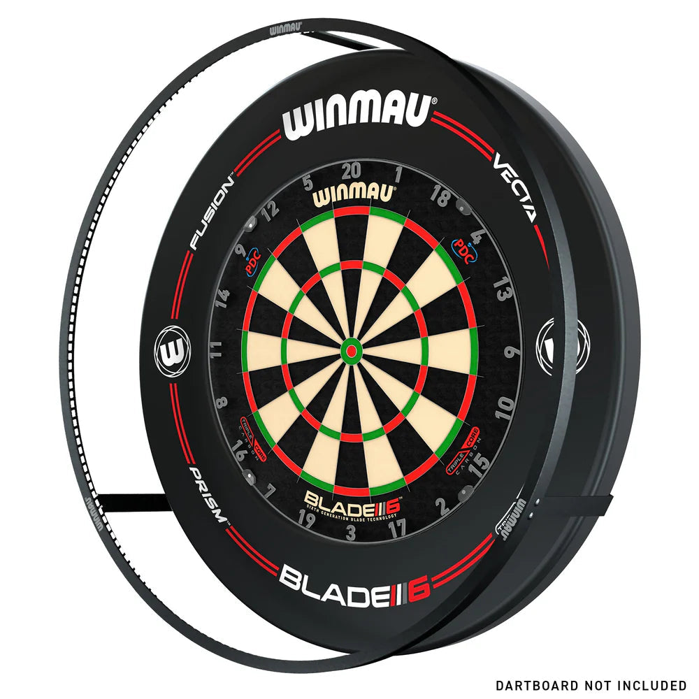 Dartboard surround ring displayed assembled around standard dartboard, full view on white background, highlights fit and protective thickness