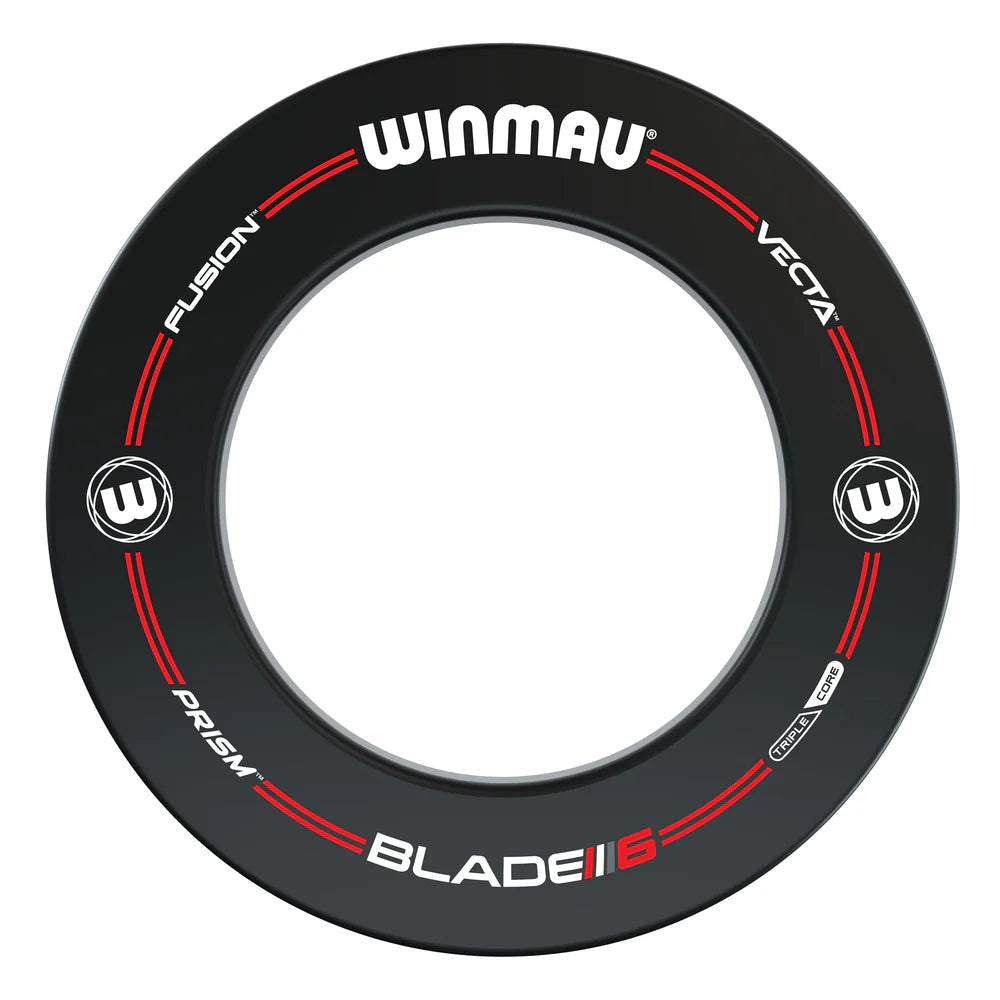 Dartboard surround ring top-down view, black with red accents, isolated on white, ideal for dart protection setup