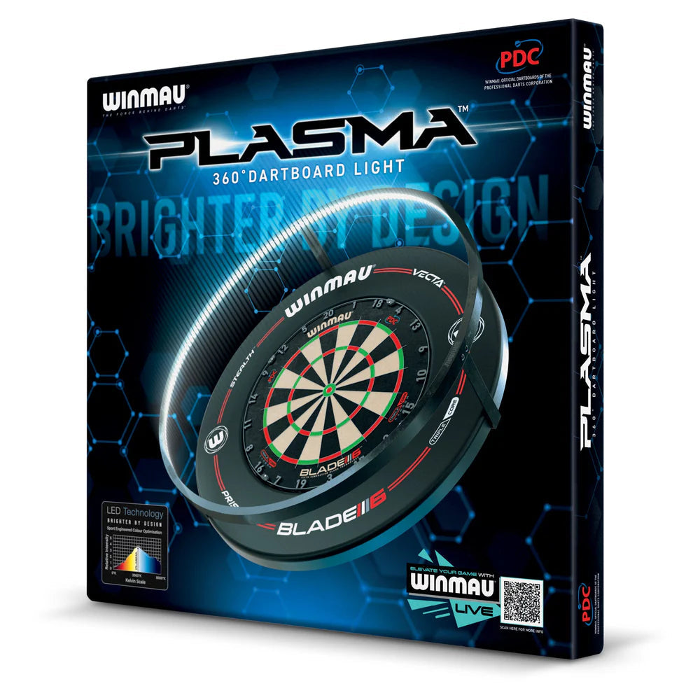 Angled view of dartboard surround bundle in box packaging with LED lighting features and dartboard design prominently displayed