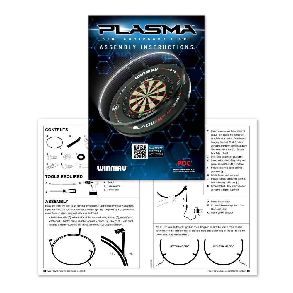 Flatlay of dartboard surround assembly instructions with detailed diagrams and parts list for dartboard lighting setup
