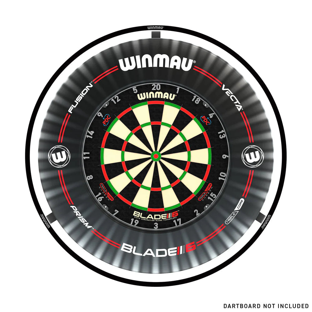 Top-down view of dartboard surround ring displaying full fit around standard dartboard, branding visible, isolated on white background