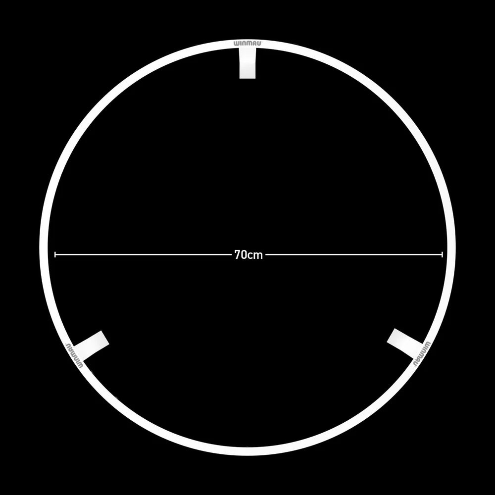 Top-down dartboard LED surround ring showing 70cm diameter for accurate dart setup, isolated on black background