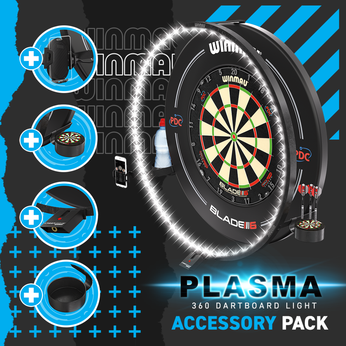 Angled shot of dartboard with 360 LED ring light, phone holder, dart holder, shelf, and tray accessory pack for home dart setups