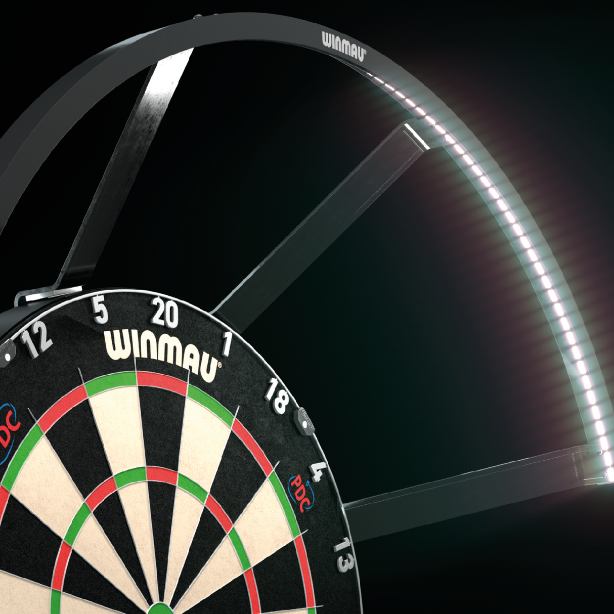Angled close-up of Polaris 120 dartboard light installed above dartboard, showing LED strip illumination and mounting bracket details