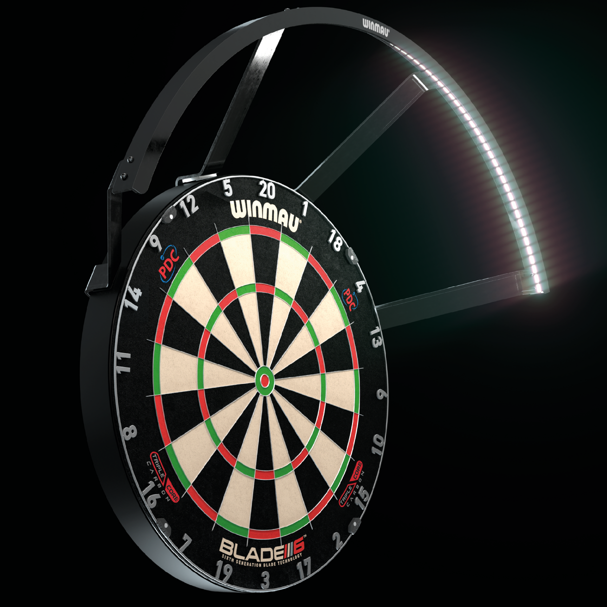 Dartboard with 120-degree LED lighting ring, angled view highlighting bright illumination for darts setup