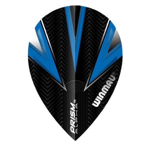 Black and blue pear-shaped dart flight with prism grip pattern, isolated on white, ideal for precision darts setup