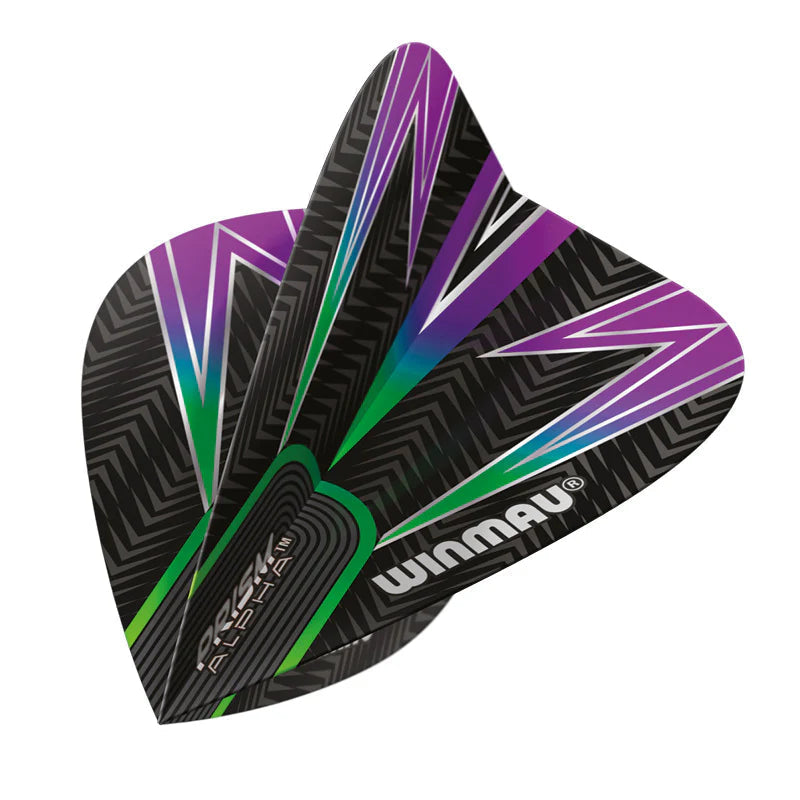 Close-up of three black, green, and purple kite dart flights with geometric pattern, stacked to display prism alpha flight design