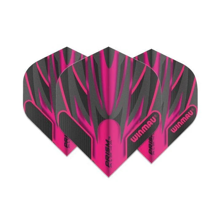 Set of three Prism Alpha black and pink No.2 dart flights displayed on white background, standard shape, vibrant pattern