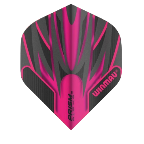Prism Alpha black and pink No.2 dart flight full view, isolated on white, showcases textured, aerodynamic shape for enhanced dart performance
