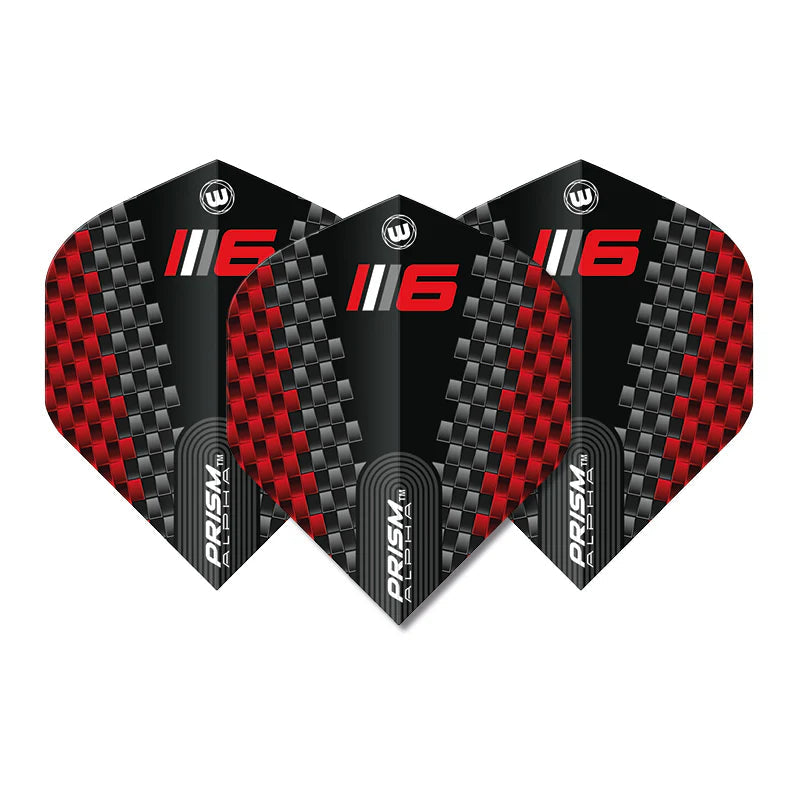 Set of three black and red Prism Alpha Blade 6 No.2 dart flights with carbon fiber pattern, displayed front-facing on white background