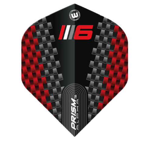 Black and red Prism Alpha Blade 6 No.2 dart flight, full view, isolated white background, textured carbon fiber pattern