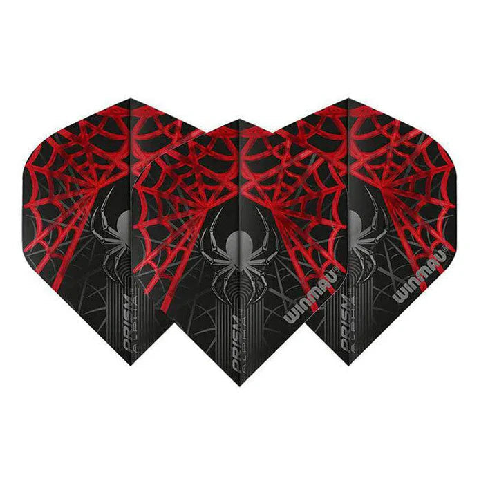 Set of three No.2 dart flights with black base and bold red spider web design, arranged on white background for dart accessories.