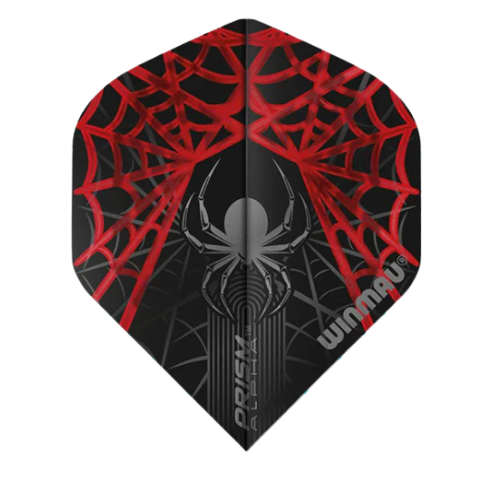 Black and red spider web No.2 dart flight, full view, sharp web design, polygonal shape, isolated on white background