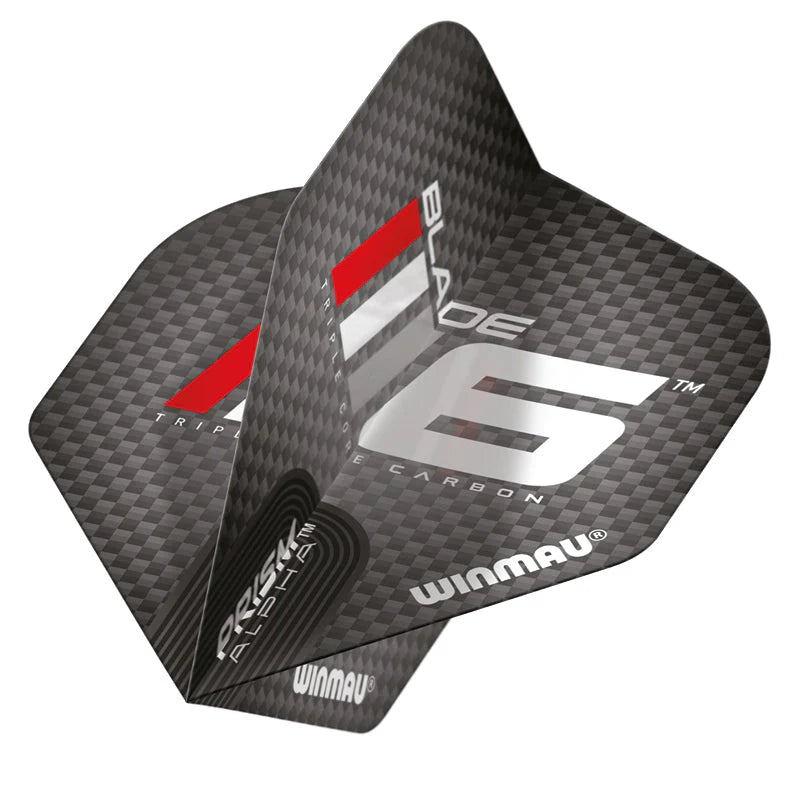 Angled close-up of three No.2 dart flights with carbon fiber texture and silver Blade 6 graphics, highlighting Prism Alpha flight design.