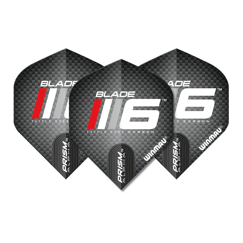 Set of three Prism Alpha Blade 6 No.2 dart flights in carbon fiber pattern, fanned display, isolated on white background