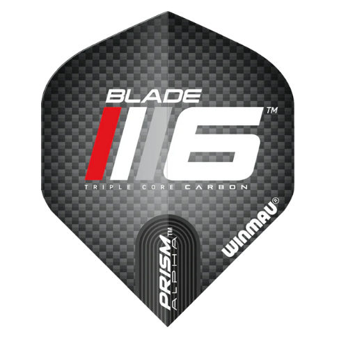 Close-up dart flight isolated on white with carbon fiber texture, Blade 6 graphics, and Prism Alpha details, ideal for dartboard accuracy.