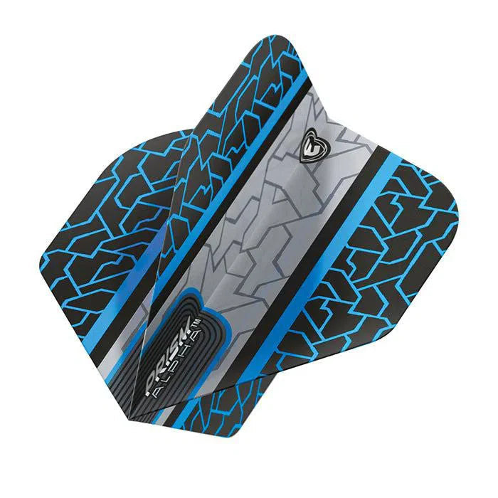 Dart flights set of three with blue and black circuit pattern, standard shape, isolated on white background for dart accessories buyers