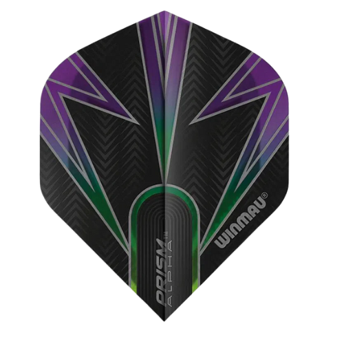 Single Prism Alpha No.2 dart flight in black, green, and purple, full view isolated on white showing chevron pattern and textured finish