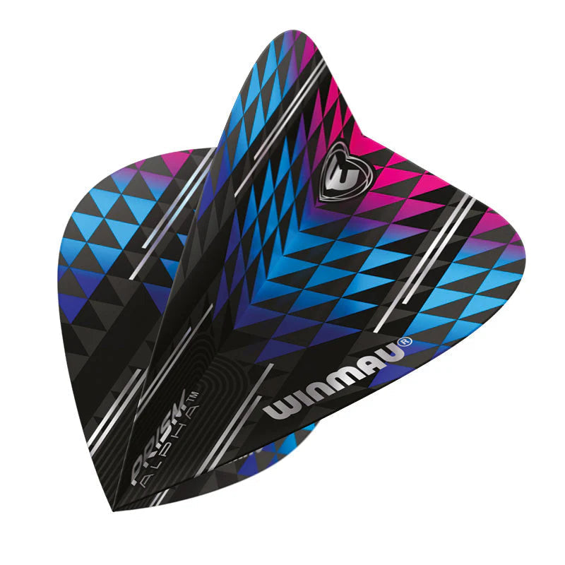 Angled close-up of three purple kite dart flights with blue and pink geometric design, Prism Alpha text, isolated on white background.