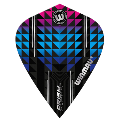 Kite shape dart flight with purple and blue geometric design, close-up full view isolated on white for dart accessory buyers