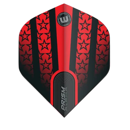Red and black No.2 dart flight with star design, isolated on white background, Prism Alpha text and detailed pattern for dart accessories.