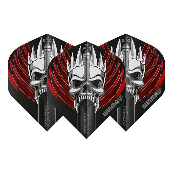 Set of three Prism Alpha Skull No.2 dart flights with bold skull and red wing graphics, angled display on white background
